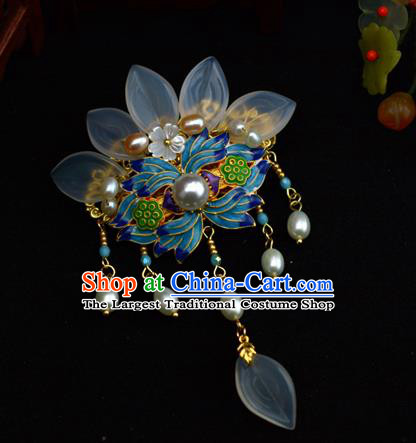 Chinese Traditional Ming Dynasty Tassel Hairpin Hanfu Hair Accessories Ancient Princess Cloisonne Lotus Hair Claw