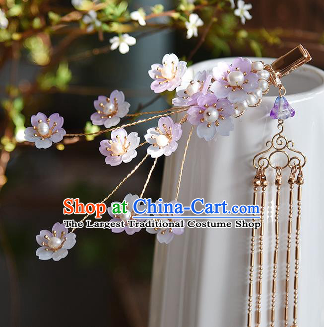 Chinese Traditional Purple Sakura Hairpin Hanfu Hair Accessories Ancient Princess Pearls Tassel Hair Claw