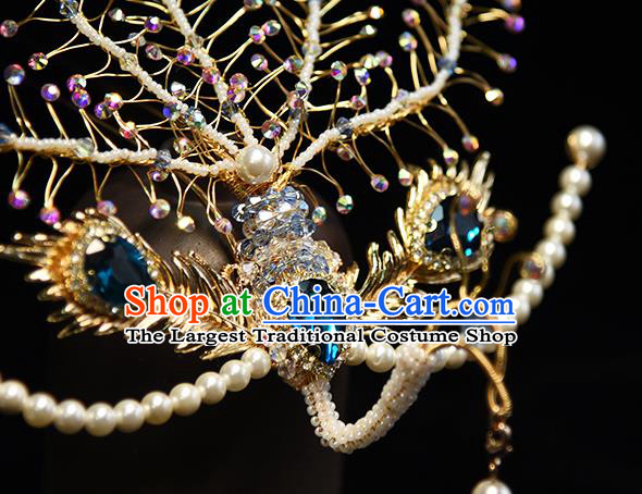 Chinese Handmade Hair Accessories Traditional Ming Dynasty Blue Crystal Phoenix Hairpin Ancient Princess Hair Stick
