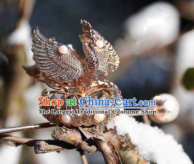 Chinese Traditional Tang Dynasty Hairpin Handmade Hair Accessories Ancient Empress Golden Phoenix Hair Crown