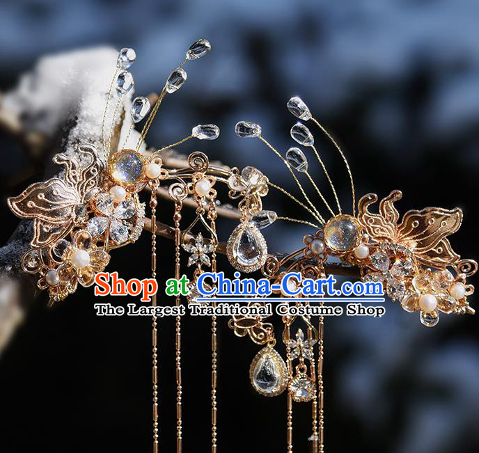 Chinese Traditional Hanfu Tassel Hairpin Handmade Hair Accessories Ancient Princess Crystal Butterfly Hair Claw