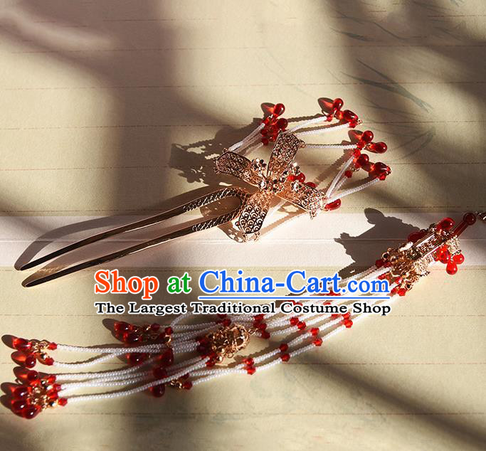 Chinese Traditional Tang Dynasty Tassel Hairpin Handmade Hair Accessories Ancient Empress Golden Hair Stick