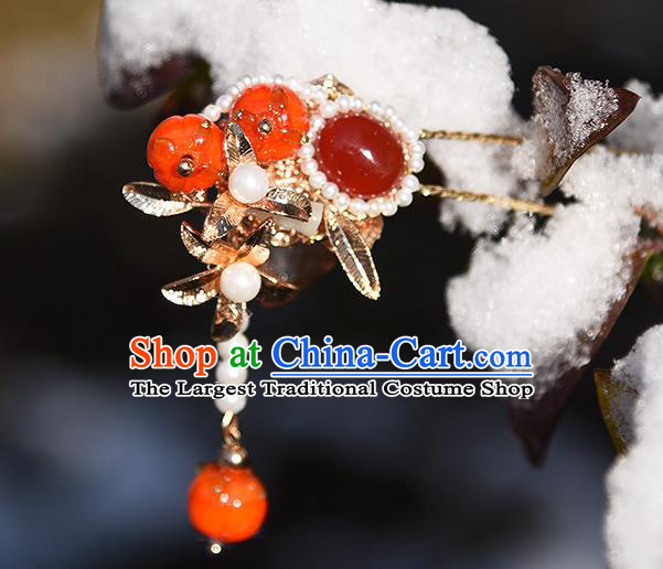Chinese Traditional Red Persimmon Hairpin Handmade Hair Accessories Ancient Palace Lady Agate Hair Stick