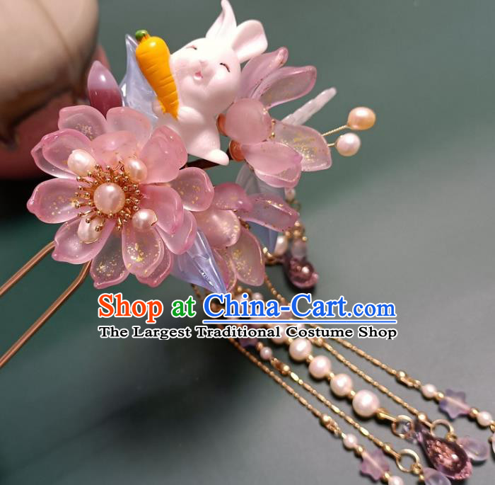 Chinese Ancient Princess Tassel Hairpin Hanfu Hair Accessories Traditional Ming Dynasty Pink Lotus Hair Comb