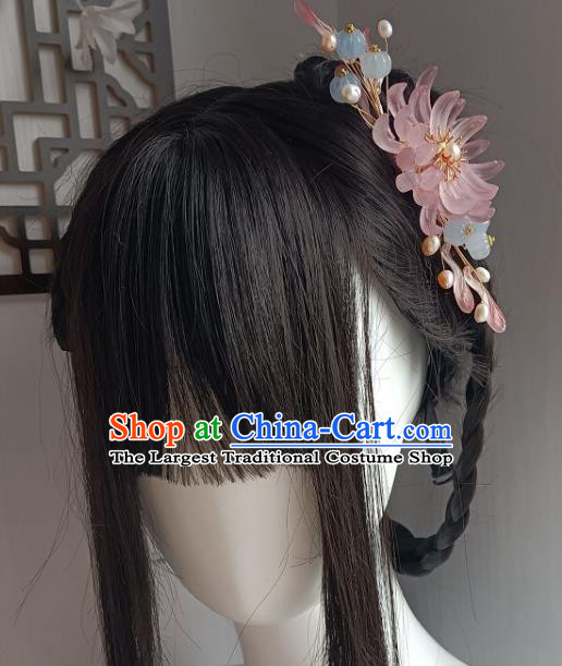 Chinese Ancient Young Lady Hairpin Hanfu Hair Accessories Traditional Song Dynasty Pink Chrysanthemum Hair Comb