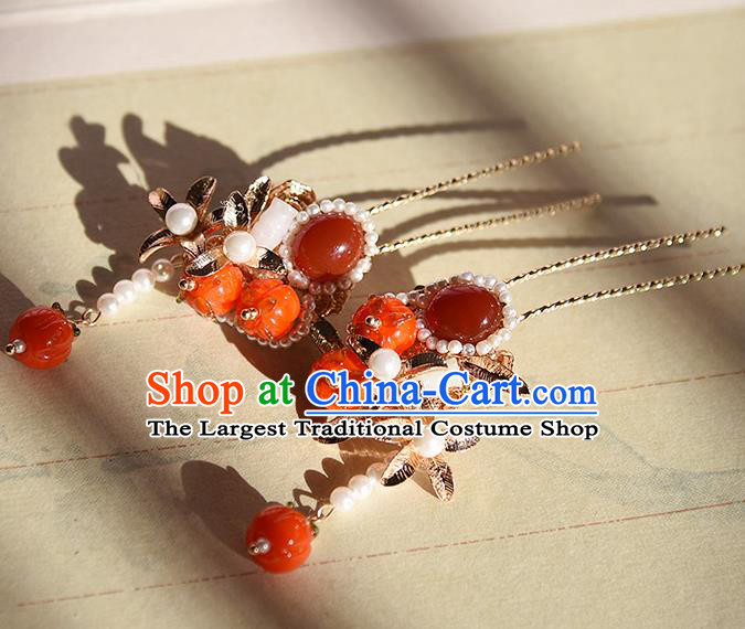 Chinese Traditional Red Persimmon Hairpin Handmade Hair Accessories Ancient Palace Lady Agate Hair Stick