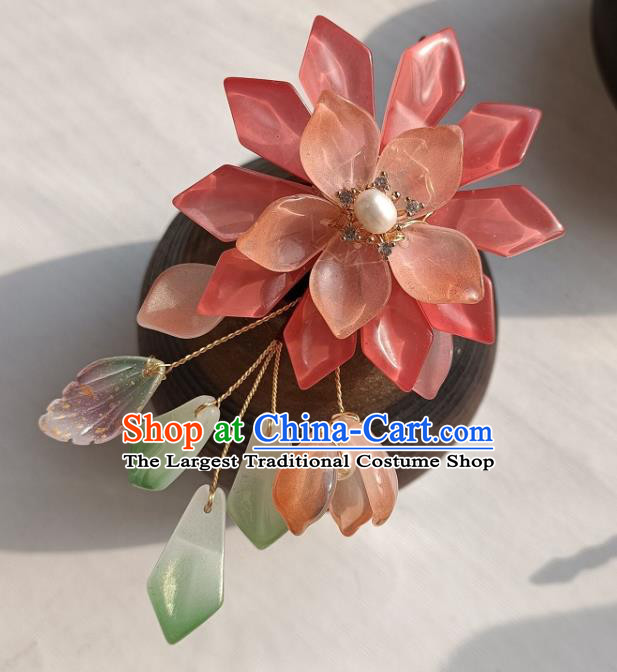 Chinese Traditional Ming Dynasty Pink Flower Hair Stick Ancient Young Lady Hairpin Hanfu Hair Accessories