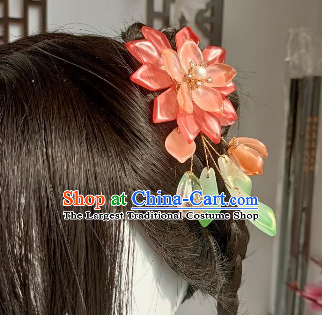 Chinese Traditional Ming Dynasty Pink Flower Hair Stick Ancient Young Lady Hairpin Hanfu Hair Accessories