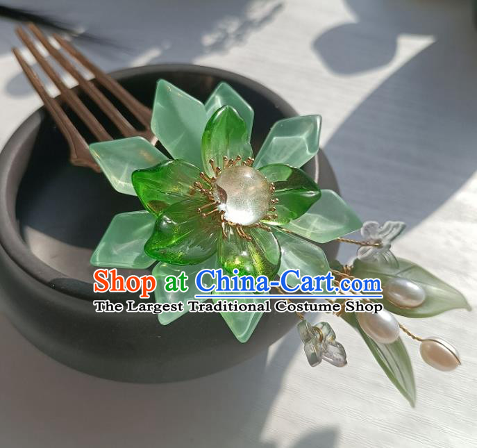 Chinese Ancient Palace Lady Hairpin Hanfu Hair Accessories Traditional Ming Dynasty Green Mangnolia Hair Comb