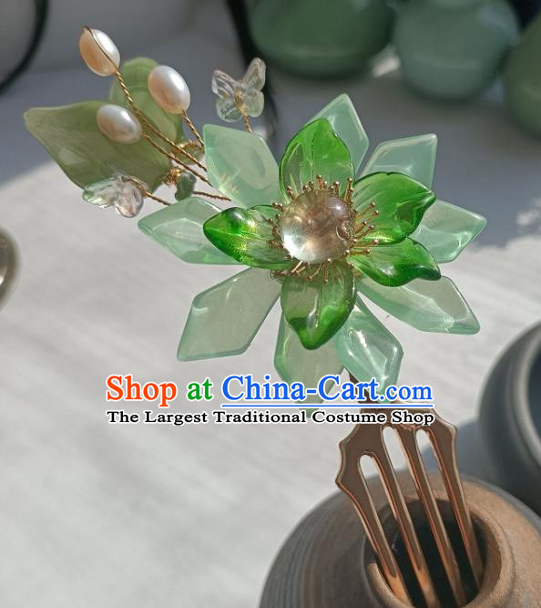 Chinese Ancient Palace Lady Hairpin Hanfu Hair Accessories Traditional Ming Dynasty Green Mangnolia Hair Comb