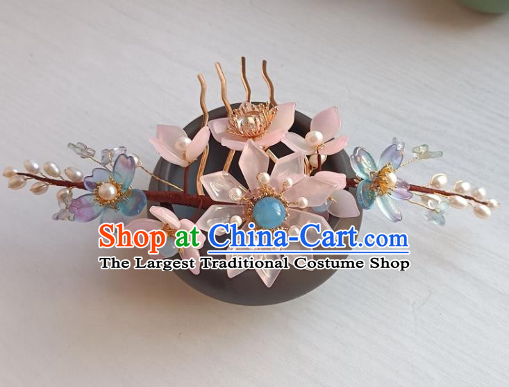 Chinese Ancient Royal Princess Hairpin Hanfu Hair Accessories Traditional Ming Dynasty Pink Mangnolia Hair Crown