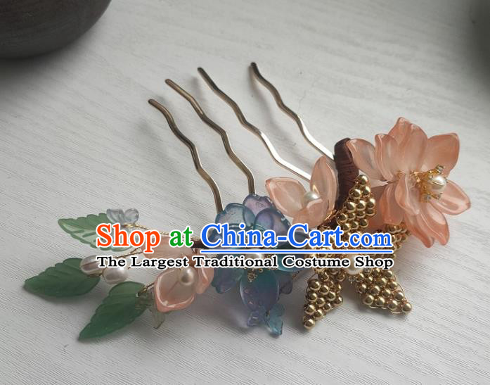 Chinese Ancient Princess Pink Flower Hairpin Hanfu Hair Accessories Traditional Ming Dynasty Pearls Hair Comb