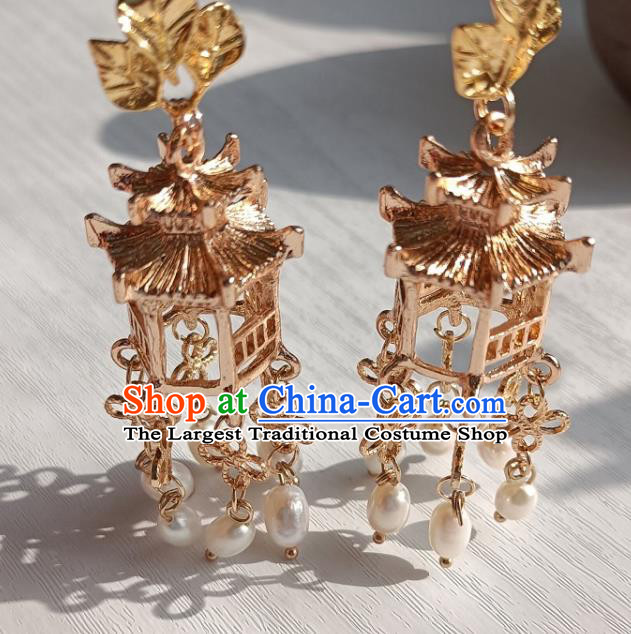 China Handmade Ancient Ming Dynasty Empress Golden Lantern Earrings Traditional Hanfu Ear Accessories