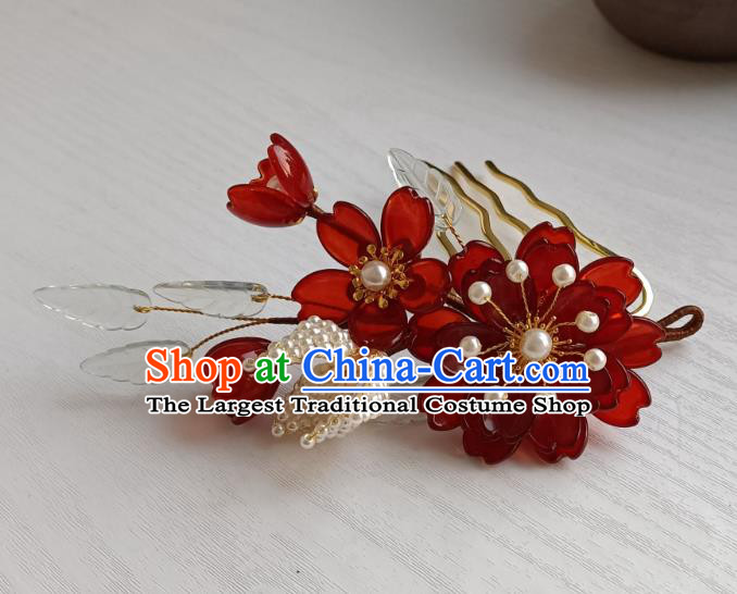 Chinese Ancient Palace Lady Hair Comb Hanfu Hair Accessories Traditional Ming Dynasty Red Peony Hair Stick