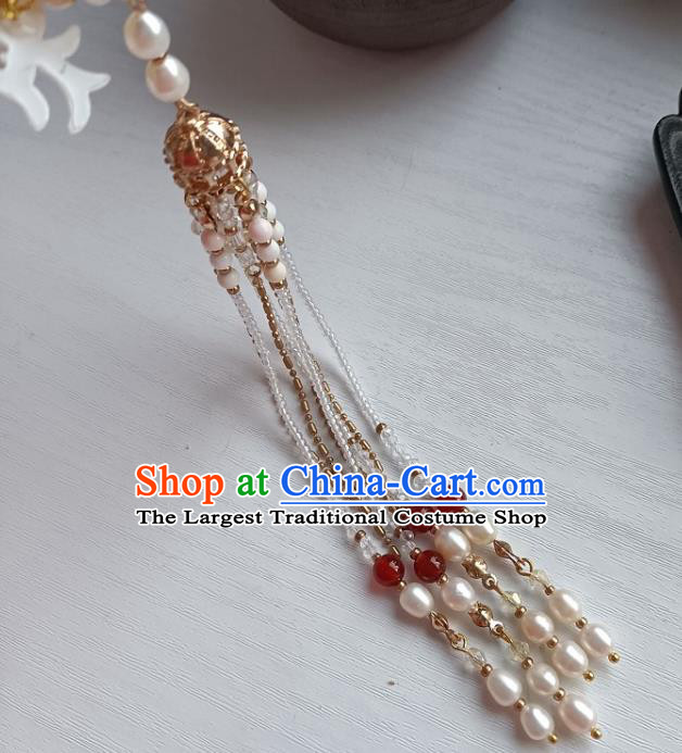 Chinese Ancient Palace Lady Beads Tassel Hairpin Hanfu Hair Accessories Traditional Ming Dynasty Shell Hair Stick