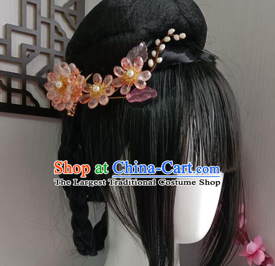 Chinese Ancient Imperial Concubine Hairpin Hanfu Hair Accessories Traditional Tang Dynasty Pink Chrysanthemum Hair Stick