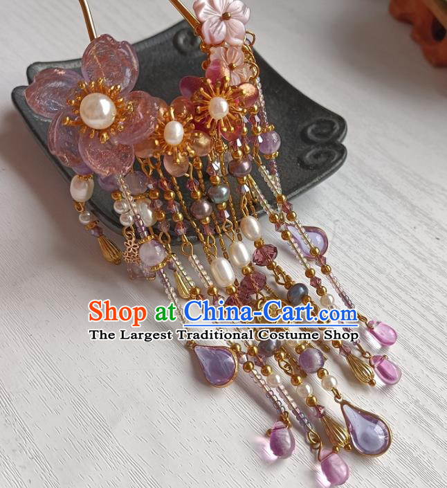 Chinese Ancient Court Lady Amethyst Tassel Hairpin Hanfu Hair Accessories Traditional Ming Dynasty Hair Clip