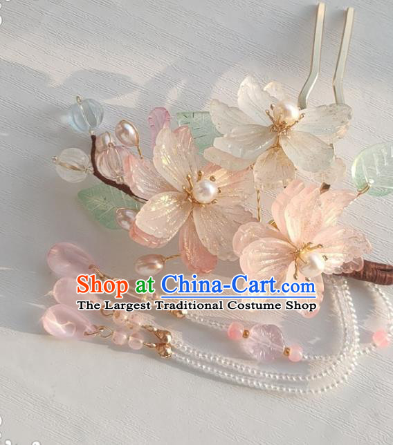 Chinese Ancient Princess Peach Blossom Hairpin Hanfu Hair Accessories Traditional Ming Dynasty Beads Tassel Hair Stick