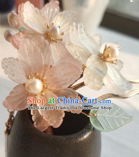 Chinese Ancient Princess Peach Blossom Hairpin Hanfu Hair Accessories Traditional Ming Dynasty Beads Tassel Hair Stick