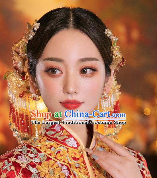 Chinese Traditional Wedding Bride Hair Accessories Classical Xiuhe Suit Beads Tassel Hairpins