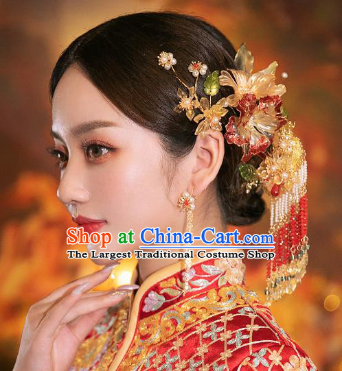 Chinese Traditional Wedding Bride Hair Accessories Classical Xiuhe Suit Beads Tassel Hairpins