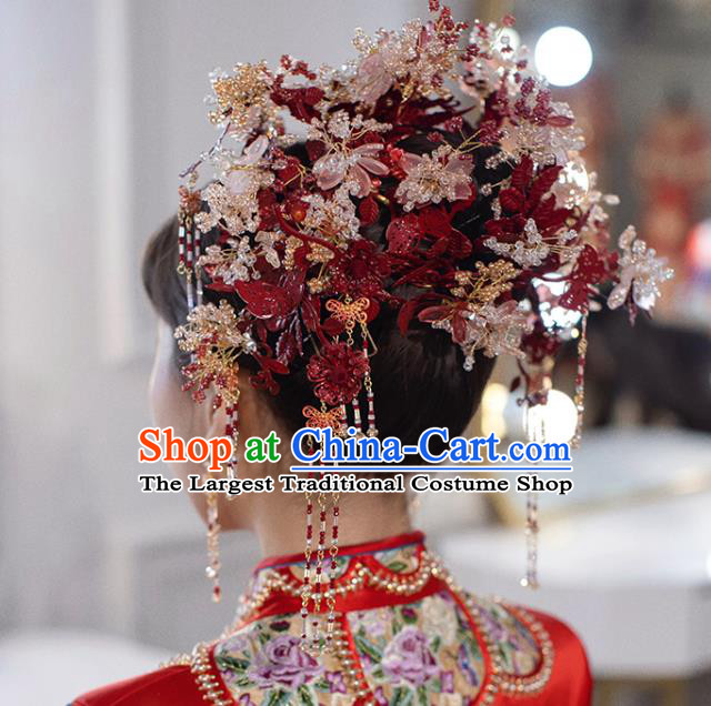 Chinese Bride Phoenix Coronet Traditional Wedding Hair Accessories Classical Xiuhe Suit Flowers Hair Crown