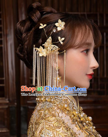 China Handmade Ancient Bride Golden Butterfly Tassel Earrings Traditional Wedding Ear Accessories