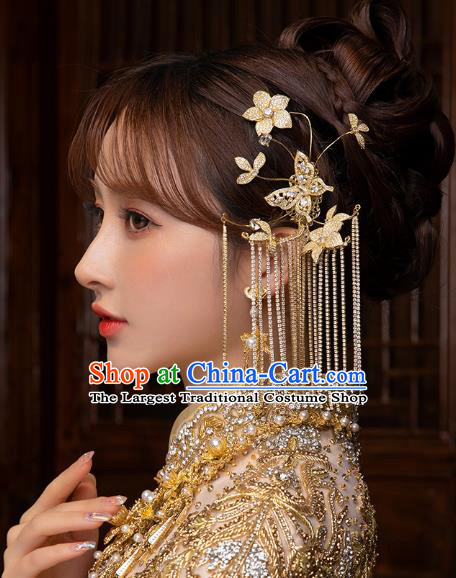 China Handmade Ancient Bride Golden Butterfly Tassel Earrings Traditional Wedding Ear Accessories