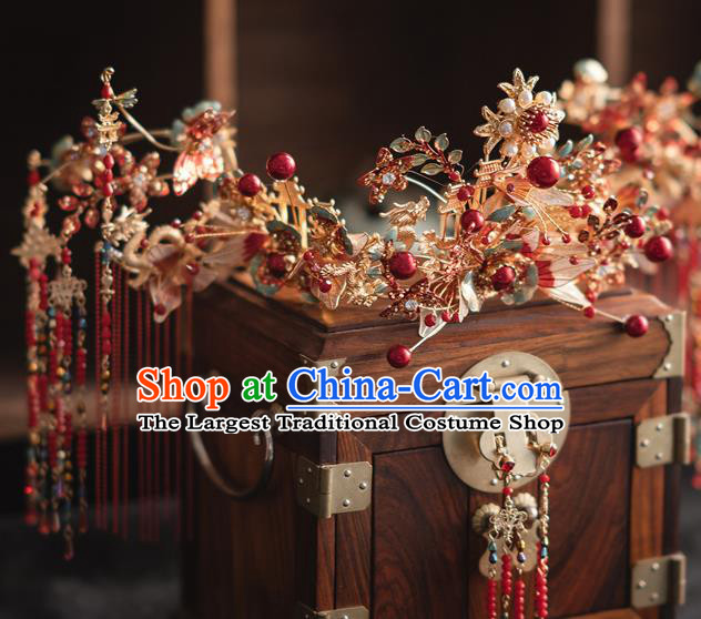 Chinese Classical Xiuhe Suit Red Tassel Hair Crown Bride Phoenix Coronet Traditional Wedding Hair Accessories