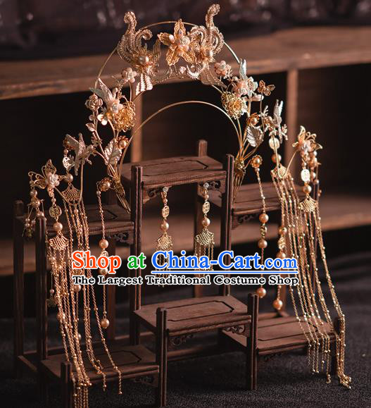 Chinese Bride Tassel Phoenix Coronet Traditional Wedding Hair Accessories Classical Xiuhe Suit Golden Hair Crown