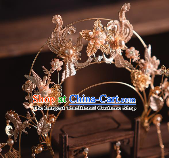 Chinese Bride Tassel Phoenix Coronet Traditional Wedding Hair Accessories Classical Xiuhe Suit Golden Hair Crown