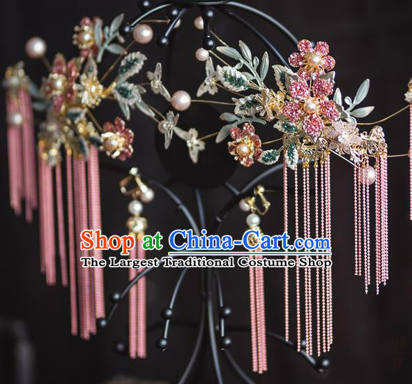 Chinese Bride Headdress Traditional Wedding Hair Accessories Classical Xiuhe Suit Pink Tassel Hair Sticks