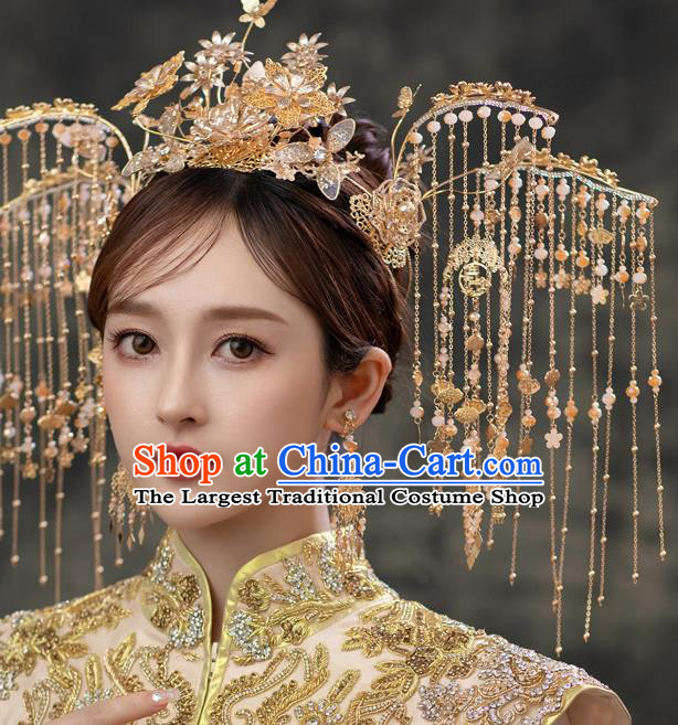 Chinese Bride Tassel Phoenix Coronet Traditional Wedding Hair Accessories Classical Xiuhe Suit Golden Flowers Hair Crown