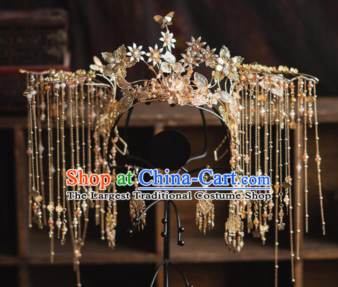 Chinese Bride Tassel Phoenix Coronet Traditional Wedding Hair Accessories Classical Xiuhe Suit Golden Flowers Hair Crown