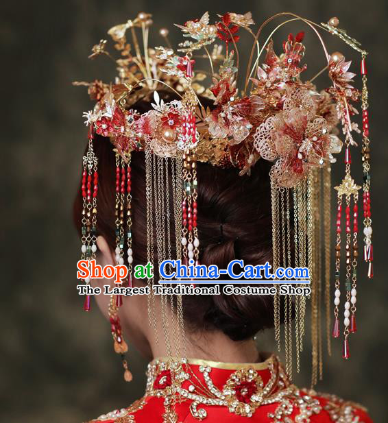 Chinese Traditional Wedding Hair Accessories Classical Xiuhe Suit Hair Crown Bride Tassel Hairpins