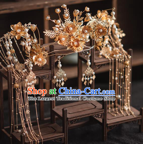 Chinese Bride Hair Clasp Traditional Wedding Hair Accessories Classical Xiuhe Suit Golden Flowers Tassel Hair Crown