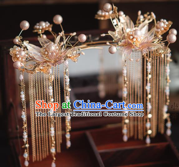 Chinese Classical Xiuhe Suit Hair Crown and Tassel Hairpins Traditional Wedding Bride Hair Accessories