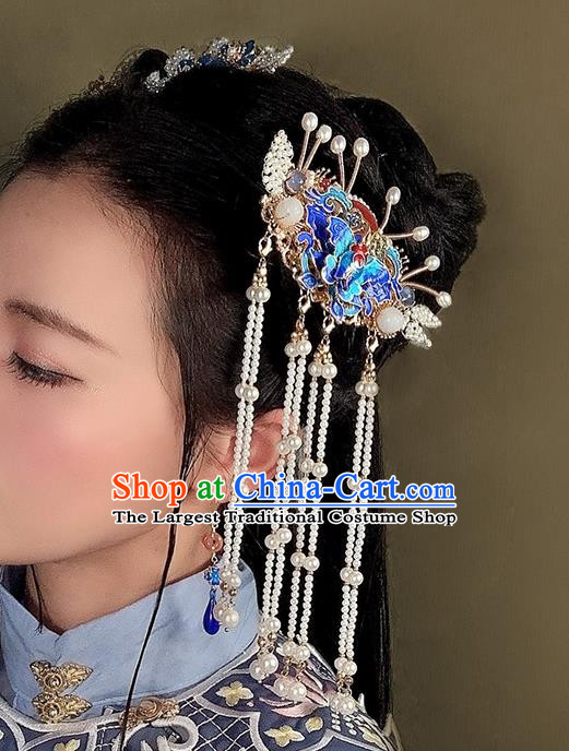Chinese Traditional Ming Dynasty Court Pearls Tassel Hairpin Hair Accessories Handmade Ancient Princess Cloisonne Butterfly Hair Stick