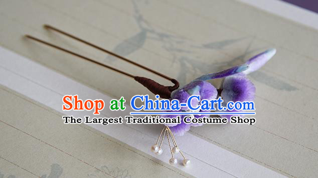 Chinese Handmade Purple Velvet Plum Blossom Hair Stick Traditional Hanfu Hairpin Headwear