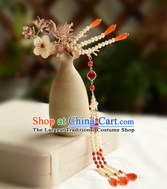 Chinese Ancient Princess Agate Tassel Hairpin Traditional Ming Dynasty Golden Phoenix Lotus Hair Stick