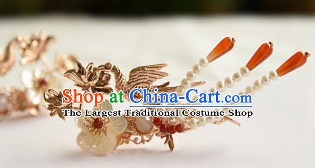 Chinese Ancient Princess Agate Tassel Hairpin Traditional Ming Dynasty Golden Phoenix Lotus Hair Stick
