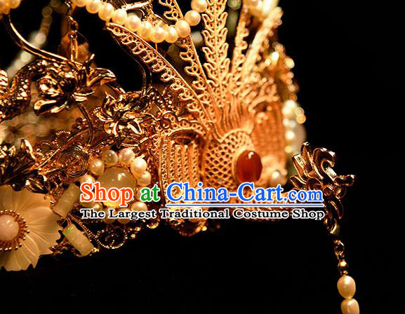 Chinese Ancient Empress Tassel Phoenix Coronet Traditional Ming Dynasty Queen Golden Phoenix Hair Crown