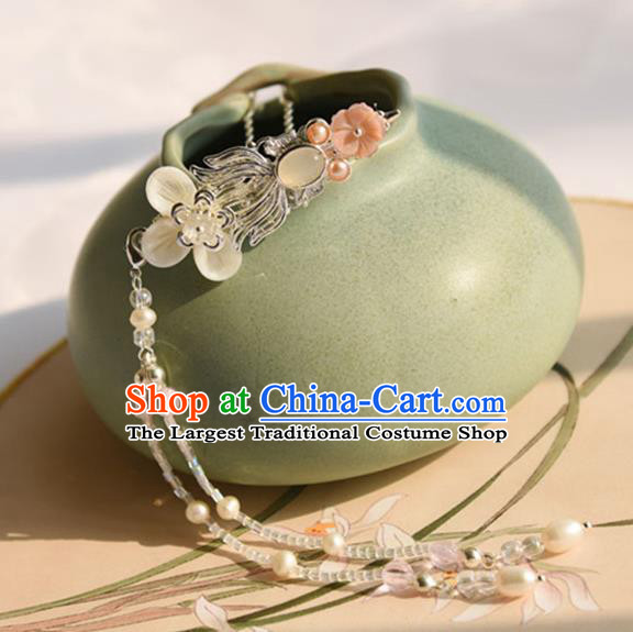 Chinese Ancient Beads Tassel Hairpin Traditional Ming Dynasty Princess Shell Flower Hair Claw