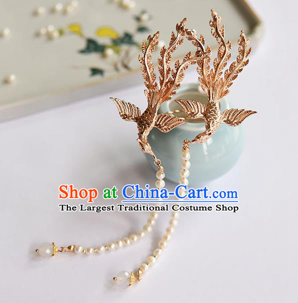 Chinese Ancient Hanfu Pearls Tassel Hairpin Traditional Ming Dynasty Princess Golden Phoenix Hair Stick