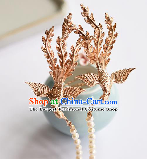 Chinese Ancient Hanfu Pearls Tassel Hairpin Traditional Ming Dynasty Princess Golden Phoenix Hair Stick
