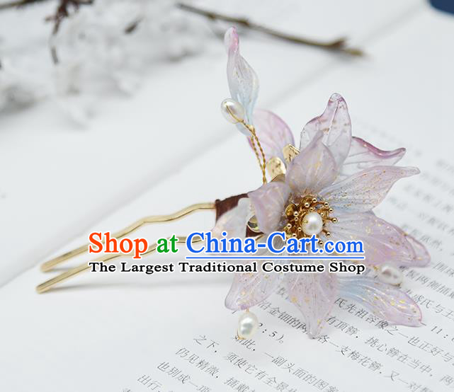 Chinese Ancient Palace Lady Pearls Hairpin Traditional Ming Dynasty Princess Purple Flowers Hair Stick