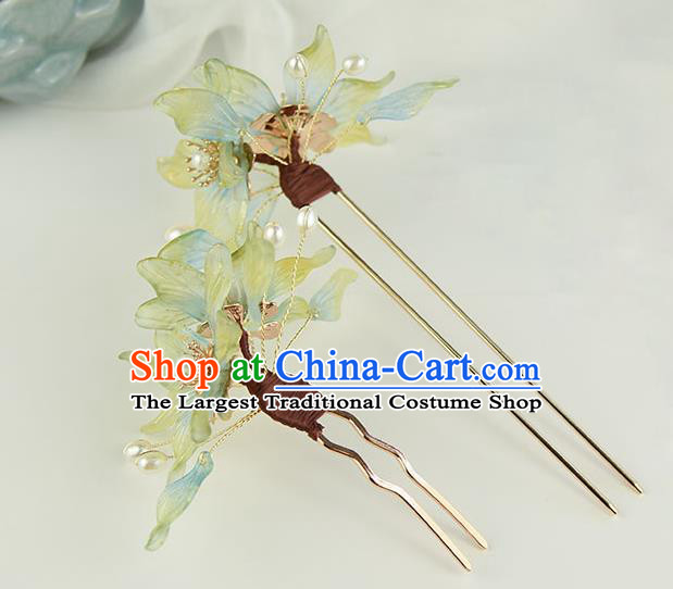 Chinese Traditional Ming Dynasty Princess Green Flowers Hair Stick Ancient Palace Lady Pearls Hairpin