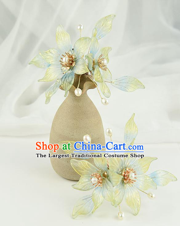 Chinese Traditional Ming Dynasty Princess Green Flowers Hair Stick Ancient Palace Lady Pearls Hairpin