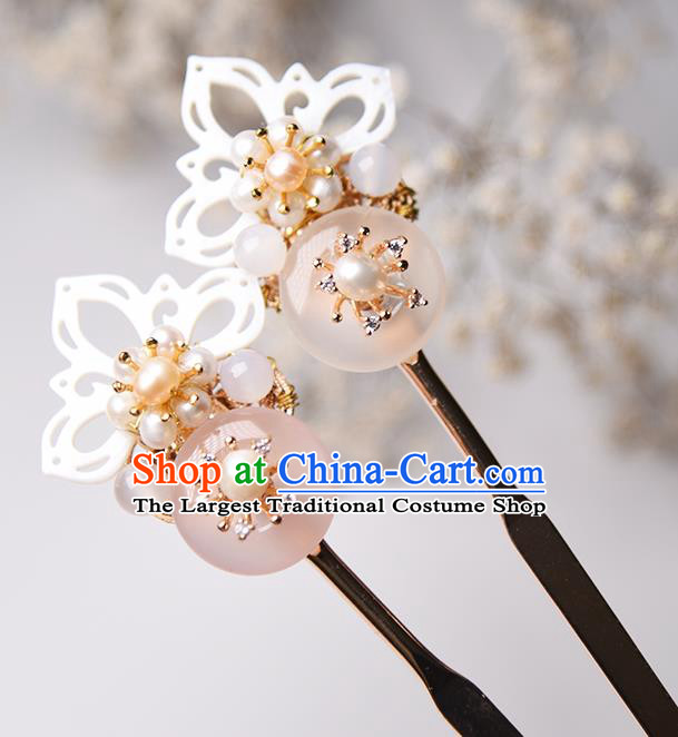 Chinese Traditional Ming Dynasty Shell Lotus Hair Stick Ancient Princess Pearls Hairpin