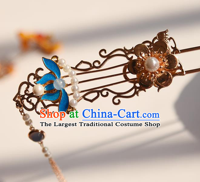 Chinese Traditional Ming Dynasty Blue Lotus Hair Stick Ancient Princess Golden Lute Tassel Hairpin